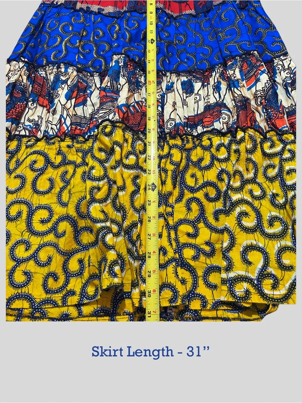 Boho Strapless Patchwork Midi Dress • Blue, Yellow & Pink African textile design - Picture 4 of 5
